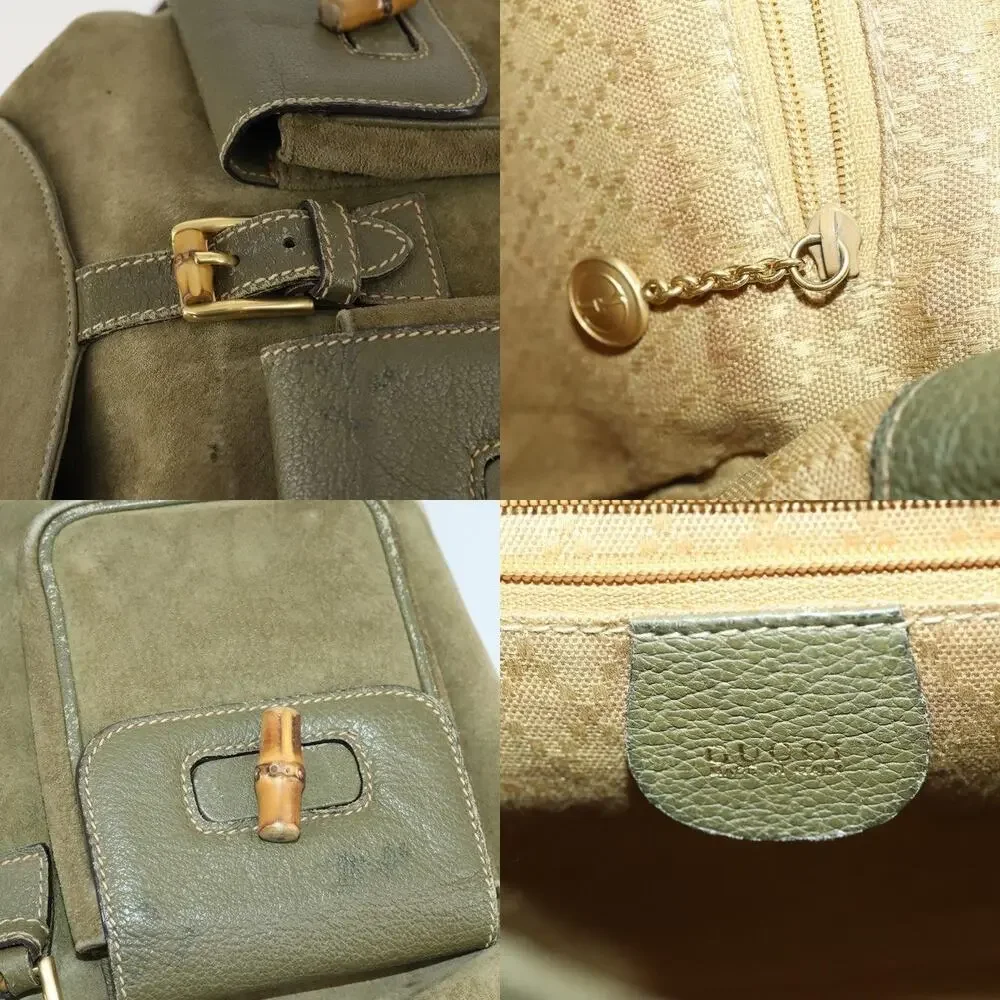 Gucci Bamboo Suede Backpack Khaki Gold 003 58 Green